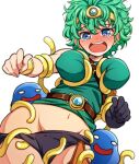  1girl belt black_panties blue_eyes breasts circlet curly_hair dragon_quest dragon_quest_iv gloves green_hair groin heroine_(dq4) laco_soregashi looking_at_viewer monster navel open_mouth panties short_hair simple_background slime_(dragon_quest) smile underwear white_background 