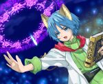  1boy animal_ears blue_eyes blue_hair book cat_ears highres lab_coat leon_geeste magic magic_circle male_focus mayashtale open_mouth pointy_ears short_hair solo star_ocean star_ocean_the_second_story 