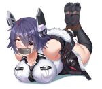  1girl absurdres bdsm black_thighhighs bondage bound breasts eyepatch feet feet_up gag gagged highres hogtie improvised_gag jacket kantai_collection kuroshiro_no_tsubasa large_breasts no_shoes purple_hair restrained sex_toy short_hair soles tenryuu_(kancolle) thighhighs tickle_torture tickling vibrator yellow_eyes 