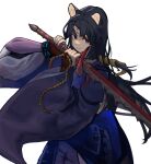  1girl animal_ear_fluff animal_ears arknights arm_guards black_hair black_kimono brown_eyes closed_mouth commentary_request dog_ears facial_mark forehead_mark highres holding holding_sword holding_weapon japanese_clothes kimono long_hair long_sleeves looking_at_viewer macreeeeee saga_(arknights) simple_background solo sword two-handed very_long_hair weapon white_background wide_sleeves 
