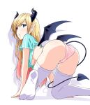 1girl absurdres all_fours alternate_costume aqua_shirt asanaya ass bangs black_horns blonde_hair blue_eyes blush breasts commentary_request copyright_name crop_top demon_girl demon_horns demon_tail demon_wings eyelashes feet foot_out_of_frame foreshortening from_behind gradient_hair hair_ornament hanging_breasts highres hololive horns large_breasts legs looking_back multicolored_hair no_bra no_pants no_shoes open_mouth panties pink_hair pink_panties pointy_ears shadow shiny_skin shirt short_sleeves sidelocks signature simple_background skindentation soles solo swept_bangs t-shirt tail thighhighs thighs underwear virtual_youtuber white_background white_thighhighs wings x_hair_ornament yuzuki_choco 
