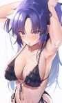  1girl absurdres alternate_costume armpits arms_up bad_anatomy bikini black_bikini blue_archive blue_eyes blush breasts cleavage collarbone front-tie_bikini_top front-tie_top halterneck highres large_breasts looking_at_viewer navel parted_bangs purple_eyes ray_mil68 side-tie_bikini_bottom simple_background solo stomach sweat swimsuit tying_hair white_background yuuka_(blue_archive) 