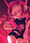  1girl absurdres aura bike_shorts black_shirt clenched_hand commentary gradient_background highres looking_at_viewer medium_hair navel octoling octoling_girl payayo884 pink_background pink_eyes pink_hair print_shirt shirt solo splatoon_(series) v-shaped_eyebrows 