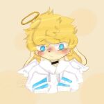  blonde_hair blue_eyes clothed clothing elliot fur hair halo male simple_background slight_blush small_wings unknown_artist wings yellow_body yellow_fur young 