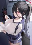  1girl azuki_yui black_choker black_hair blue_archive blue_jacket blue_shorts blush breasts choker closed_mouth collarbone from_side glance halo hasumi_(blue_archive) hasumi_(track)_(blue_archive) highres holding holding_paper jacket large_breasts long_hair long_sleeves looking_at_viewer low_wings official_alternate_costume paper ponytail red_eyes red_halo shirt shorts sideways_glance solo thighs white_shirt wings 