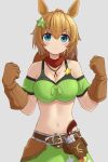  &gt;:) 1girl animal_ears bandana bare_shoulders belt blue_eyes brown_belt brown_gloves brown_hair clenched_hands commentary_request gloves green_shirt green_skirt grey_background gun hair_ornament hands_up highres holster horse_ears looking_at_viewer midriff navel off-shoulder_shirt off_shoulder revolver shirt short_hair short_sleeves simple_background skirt solo star_(symbol) star_hair_ornament stomach taiki_shuttle_(umamusume) umamusume upper_body v-shaped_eyebrows weapon yamada_(c57hikaru) 