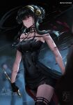  1girl 2boys absurdres artist_name black_dress black_gloves black_hair black_thighhighs blood blood_on_breasts blood_on_face blurry blurry_background breasts character_name cleavage closed_mouth commentary covered_navel dagger dress earrings english_commentary fingerless_gloves gloves gold_hairband hairband highres holding holding_dagger holding_knife holding_weapon jewelry knife knightfang large_breasts long_hair multiple_boys red_eyes sidelocks solo_focus spy_x_family stiletto_(weapon) thighhighs torn_clothes torn_dress twitter_username walking watermark weapon yor_briar 
