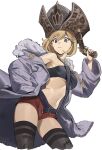  1girl antique_firearm bandeau bare_shoulders belt black_thighhighs blonde_hair breasts brown_eyes brown_headwear coat cropped_legs djeeta_(granblue_fantasy) firelock flintlock fur-trimmed_coat fur_trim granblue_fantasy gun hand_in_pocket hand_up handgun hashibiro_kou_(garapiko_p) hat highres holding holding_gun holding_weapon jewelry long_sleeves looking_at_viewer micro_shorts midriff navel necklace open_clothes open_coat purple_coat red_shorts short_hair shorts simple_background small_breasts solo street_king_(granblue_fantasy) thighhighs weapon white_background 