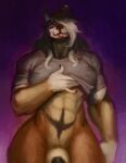  absurd_res animal_genitalia anthro blep blue_eyes bottomless bottomless_male canid canine clothed clothing facial_piercing genitals hair hi_res long_hair male mammal muscular muscular_male nose_piercing piercing rayoutofspace sheath solo tongue tongue_out undressing 