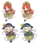  &gt;_o 2girls black_bow black_headwear blue_eyes bow braid chibi chinese_commentary closed_eyes commentary_request floral_print frilled_sleeves frills green_eyes green_hair green_headwear green_skirt green_vest hair_bow hat hat_ornament hat_ribbon highres hong_meiling komeiji_koishi long_hair long_sleeves medium_hair multiple_girls one_eye_closed open_mouth orange_hair pants parted_bangs ribbon shirt short_sleeves simple_background skirt smile star_(symbol) star_hat_ornament third_eye touhou triangle_mouth v-shaped_eyebrows variations vest white_background white_pants white_shirt yellow_ribbon yellow_shirt youshouhaoxianzhe 