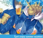  aisaredogtoneko anthro beverage big_breasts bikini blue_body breasts clothed clothing female fur generation_5_pokemon mammal nintendo pokemon pokemon_(species) samurott solo swimwear water 