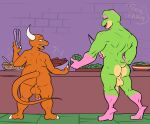  2022 2_horns amphibian anthro backsack balls beef big_balls big_butt big_penis brick_wall butt caspar_the_frog casual_nudity cerealharem_(artist) claws cooking demon digitigrade duo flaccid food frog genitals glans gloves_(marking) green_eyes half-closed_eyes hi_res holding_knife holding_object horn humanoid_genitalia humanoid_penis knife leg_markings lettuce looking_at_another male markings meat muscular muscular_anthro muscular_male narrowed_eyes open_mouth orange_balls orange_body orange_penis orange_perineum orange_scales overweight overweight_anthro overweight_male penis perineum pink_glans plant rear_view scales sharp_teeth smile socks_(marking) standing steak steam teeth to-be-named-later toe_claws vegetable wall_(structure) white_claws white_horn yellow_balls yellow_penis yellow_perineum 