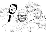  4boys absurdres asgar_(youtian) bara baseball_cap beard beard_stubble borrowed_character buzz_cut character_request facial_hair glasses greyscale hat highres ji_peng_gou_you large_pectorals looking_at_viewer male_focus mature_male monochrome multiple_boys muscular muscular_male original pectorals seductive_smile short_hair sketch smile thick_eyebrows thick_mustache thick_neck upper_body v very_short_hair youtian_(youtiange) 