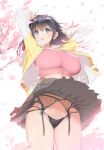  1girl :d arms_up black_panties blue_eyes branch breasts brown_hair cherry_blossoms cleavage clothes_lift covered_nipples grey_skirt groin highres jacket large_breasts lingerie long_sleeves navel no_bra open_clothes open_jacket open_mouth original panties pantyshot pleated_skirt short_hair simple_background skirt smile solo standing teeth thighs tree unaware underwear upper_teeth_only white_background wind wind_lift yaegashi_nan yellow_jacket 