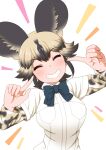  1girl african_wild_dog_(kemono_friends) african_wild_dog_print animal_ears bagua_zhang black_hair blush bow bowtie breasts dog_ears grin kemono_friends large_breasts long_sleeves looking_at_viewer multicolored_hair open_mouth shirt short_hair short_sleeves simple_background smile solo white_background 