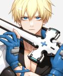  1boy blonde_hair blue_eyes blue_gloves collarbone cross crossed_arms ebi_pri_shrimp fingerless_gloves gloves guilty_gear guilty_gear_strive hair_between_eyes highres holding holding_sword holding_weapon jacket jacket_on_shoulders ky_kiske looking_at_viewer male_focus partially_fingerless_gloves pectorals popped_collar short_hair simple_background sword thunderseal upper_body v-neck weapon white_jacket 