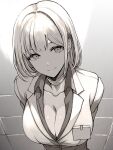  1girl arms_behind_back bandaged_neck bandages blazer breasts business_suit cleavage collared_shirt commentary_request from_above girls&#039;_frontline head_tilt highres id_card jacket large_breasts looking_at_viewer medium_hair monochrome official_alternate_costume rpk-16_(girls&#039;_frontline) rpk-16_(renate)_(girls&#039;_frontline) shirt smile solo suit tile_wall tiles yu_416416 