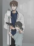  1boy 1girl black_hair blue_shirt brown_eyes brown_hair clinic clipboard coat doctor glasses grey_background hair_between_eyes hand_on_another&#039;s_shoulder highres hiyama_kiyoteru holding holding_clipboard hospital hospital_gown intravenous_drip iv_stand kaai_yuki lab_coat looking_at_viewer looking_back low_twintails messy_hair r_grey1204 shirt short_hair short_twintails sick stethoscope turning_head twintails vocaloid white_coat yellow_eyes 