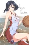  1girl armpits ball bare_arms bare_shoulders basketball basketball_court basketball_uniform black_hair bob_cut breasts bunoshii character_name closed_mouth clothes_writing commentary floating_hair flood hand_on_ground higasa_seiu high_tops highres holding holding_ball jersey looking_at_viewer medium_breasts monogatari_(series) on_ground partially_submerged purple_eyes raised_eyebrows red_footwear red_shorts red_tank_top romaji_text shoes short_hair shorts sitting sleeveless sneakers solo sportswear tank_top two-tone_shirt two-tone_shorts water white_shorts white_tank_top wooden_floor yokozuwari 