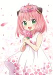  1girl anya_(spy_x_family) dress floral_print flower flower-shaped_hair green_eyes hairpods holding holding_flower maekawa_suu open_mouth pink_hair rose smile solo spy_x_family white_dress 