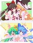  4girls absurdres alternate_costume arms_up blonde_hair blue_bow blue_eyes blue_hair blush border bow braid brown_eyes brown_hair cirno clothes_writing commentary_request daiyousei fairy_wings fang frilled_bow frilled_hair_tubes frilled_hat frills green_background green_eyes green_hair hair_between_eyes hair_bow hair_tubes hakurei_reimu hand_on_another&#039;s_shoulder hand_up hat hat_ribbon highres hug ice ice_wings kirisame_marisa leaning_on_person long_hair multiple_girls open_mouth page_number purple_bow red_bow ribbon shirt short_hair short_sleeves sidelocks signature simple_background single_braid teeth tongue touhou translation_request two-tone_background upper_body utyouten_akako v wavy_hair white_border white_bow white_ribbon white_shirt wings witch_hat yellow_background yellow_bow yellow_eyes 