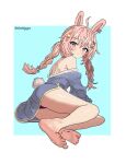  1girl ahoge animal_ears aqua_background ass bare_shoulders barefoot blue_background blush braid feet hair_ornament japanese_clothes legs long_hair looking_at_viewer looking_back miko off_shoulder panties pink_eyes pink_hair pipkin_pippa rabbit_ears rabbit_girl rabbit_tail self-upload soles solo tail thedarkenjoyer toes twin_braids two-tone_background underwear 