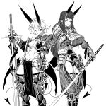  2girls armor blunt_bangs bracelet breasts cleavage demon_tail demon_wings earrings fingerless_gloves fishnet_gloves fishnet_thighhighs fishnets furauji gloves greyscale highres holding holding_sword holding_weapon horns japanese_armor jewelry loincloth long_hair looking_at_viewer monochrome multiple_girls navel original pointy_ears short_hair simple_background sword tail thighhighs weapon white_background wings 