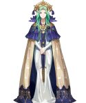 1girl aqua_hair cape closed_mouth collarbone crown dress fire_emblem fire_emblem:_three_houses fire_emblem_heroes flower full_body gold_trim green_eyes hair_ornament highres jewelry light_smile long_dress long_hair long_skirt long_sleeves looking_at_viewer non-web_source official_art own_hands_together parted_bangs rhea_(fire_emblem) skirt sleeves_past_wrists solo standing transparent_background white_dress zonotaida 