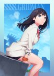  1girl absurdres bare_legs black_hair black_skirt blue_eyes bow bowtie closed_mouth copyright_name dutch_angle floating_hair from_side frown girugiru_(tektonics6588) gridman_universe highres long_hair long_sleeves miniskirt orange_scrunchie pleated_skirt red_bow red_bowtie school_uniform scrunchie sitting skirt solo ssss.gridman straight_hair sweater takarada_rikka white_sweater wrist_scrunchie 