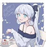  1girl alternate_costume arm_rest black_bow blue_background blue_eyes blue_hair blunt_bangs blunt_tresses blush border bow branch cake cake_slice chair collarbone collared_shirt cup english_commentary english_text flower_knot food fork genshin_impact grey_shirt hair_bow hair_ribbon halter_shirt halterneck happy_birthday highres holding holding_fork kamisato_ayaka light_blue_hair long_hair long_sleeves off-shoulder_shirt off_shoulder open_mouth plate ponytail ribbon saucer shadow shirt shockwhite3 sitting solo table tea teacup teeth timestamp tongue tress_ribbon twitter_username upper_teeth_only white_border 