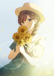  1girl blue_dress blue_eyes blush boater_hat braid brown_hair chromatic_aberration clothing_cutout collarbone commentary_request dot_nose dress flower frilled_dress frills front-tie_top hanako151 hat highres holding holding_flower lens_flare long_hair looking_at_viewer original own_hands_together parted_lips shade shoulder_cutout side_braid sidelighting signature sleeveless sleeveless_dress solo sundress sunflower sunlight swept_bangs teeth 