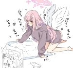 1girl absurdres all_fours anekawa_(sisterriver) blue_archive blush closed_mouth haniwa_(statue) highres long_hair mika_(blue_archive) pink_hair simple_background sketch sleeves_past_wrists solo sweater white_background white_wings wings yellow_eyes 