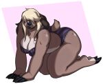  all_fours anthro blonde_hair bra breasts brown_body brown_fur brown_highlights butt claws cleavage clothed clothing female fur hair hair_over_eyes hi_res highlights_(coloring) jazzy_(xingscourge) lips long_hair mammal multicolored_body multicolored_fur nude panties pilosan simple_background sloth solo thick_bottom_lip thick_thighs two_tone_body two_tone_fur underwear white_body white_fur wide_hips xenarthran xingscourge 