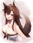  1girl :d adapted_costume animal_ears bare_shoulders breasts brown_eyes brown_hair cleavage commentary_request dress imaizumi_kagerou large_breasts long_hair looking_at_viewer open_mouth smile solo strapless strapless_dress suminagashi tail touhou upper_body very_long_hair white_dress wolf_ears wolf_tail 
