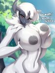  2023 absol anthro anthrofied areola big_breasts breasts canid dialogue digital_media_(artwork) english_text female fur generation_3_pokemon hair hi_res holding_breast looking_at_viewer mammal nintendo nipples nude outside pokemon pokemon_(species) sana!rpg solo tail text thick_thighs 