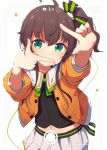  1girl absurdres ahoge arm_up black_camisole brown_hair camisole commentary_request finger_frame hand_up highres hololive jacket midriff_peek natsuiro_matsuri natsuiro_matsuri_(1st_costume) navel okota_mikan orange_jacket pleated_skirt puffy_short_sleeves puffy_sleeves short_sleeves side_ponytail simple_background skirt solo virtual_youtuber white_background white_skirt 