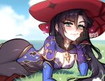  1girl black_choker black_gloves black_hair blushyspicy breasts brooch choker commentary earrings genshin_impact gloves grass green_eyes hat jewelry leotard long_hair looking_at_viewer lying medium_breasts mona_(genshin_impact) on_side outdoors sky solo twintails witch_hat 