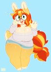  anthro big_breasts blonde_hair blush breasts chibi chromapan cleavage clothed clothing eyewear female freckles glasses green_eyes hair hi_res lagomorph leporid long_hair long_sleeves looking_at_viewer mammal multicolored_hair open_mouth orange_hair rabbit red_hair smile solo sweater topwear 