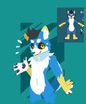  2023 anthro blep blue_body blue_fur canid canine digital_media_(artwork) fur gloves_(marking) hydrabb looking_at_viewer male mammal markings solo tongue tongue_out white_body white_fur yellow_body yellow_fur yellow_tongue 
