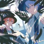  2boys aoyagi_touya bird black_headwear blonde_hair blue_hair blurry blurry_background buttons chain_necklace closed_mouth collared_shirt commentary_request crow dark_blue_hair dress_shirt feathers fedora fingernails grey_eyes hand_up hat highres jewelry korean_commentary long_sleeves male_focus mole mole_under_eye multicolored_hair multiple_boys necklace official_alternate_costume orange_eyes orange_hair parted_lips project_sekai samgak shinonome_akito shirt short_hair split-color_hair streaked_hair two-tone_hair upper_body walk_on_and_on_(project_sekai) 