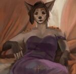  canid canine clothed clothing curtains dress ear_piercing female fox fur hair hierro_(artist) lips mammal nails painting_(artwork) piercing pillow portrait snout teeth traditional_media_(artwork) 