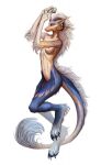  2020 ankle_tuft anthro areola arm_tuft bedroom_eyes biped blue_body breasts brown_body canid canine canis cheek_tuft claws closed_smile curled_horn digitigrade dragon ear_piercing ear_ring elbow_tuft facial_tuft female frank-79 full-length_portrait gloves_(marking) hi_res horn hybrid leg_tuft long_tail looking_at_viewer mammal mane markings mouth_closed multicolored_body narrowed_eyes navel nipple_piercing nipples nude piercing pink_nose portrait ring_piercing scales scalie seductive simple_background smile solo tail tail_tuft toe_claws toeless_(marking) tuft white_body white_mane white_markings wolf 