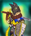  1_eye absurd_res armor canid canine canis gozso-alako green_eyes hi_res male mammal melee_weapon oscar_(gozso) shield solo sword weapon wolf 