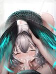  1boy 1girl arknights ass closed_eyes completely_nude cum cum_in_mouth fellatio grey_hair head_wings hetero highres ho&#039;olheyak_(arknights) irrumatio nopetroto nude oral penis pov short_hair simple_background snake_tail solo_focus tail tears uncensored white_background wings 