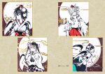  3girls animal_ears bird_wings branch hat highres himekaidou_hatate ikeda_ruriko inubashiri_momiji kourindou_tengu_costume leaf leaf_print looking_at_viewer maple_leaf maple_leaf_print medium_hair multiple_girls painting_(medium) purple_eyes purple_headwear red_eyes red_headwear shameimaru_aya short_sleeves tokin_hat touhou traditional_media watercolor_(medium) wings wolf_ears 