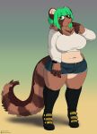  2023 anthro big_breasts black_nose boots bottomwear breasts canid canine clothing female footwear green_eyes green_hair hair halcy0n hi_res looking_aside mammal navel open_mouth pangolin raccoon_dog shirt shorts simple_background slightly_chubby solo tanuki topwear wide_hips 