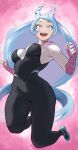  1girl :d absurdres alternate_costume black_bodysuit blue_eyes blue_footwear blue_hair bodysuit boku_no_hero_academia breasts commentary cosplay drill_hair fengling_(furin-jp) full_body hadou_nejire highres light_blue_hair long_hair looking_at_viewer marvel open_mouth pink_bodysuit sidelocks smile solo spider-gwen spider-gwen_(cosplay) spider-man_(series) spider_web_print twin_drills white_bodysuit 