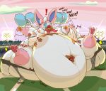  anthro areola belly big_belly big_breasts big_butt blue_eyes blue_sclera breasts butt candy cheerleader chocolate chocolate_bar clothing dessert dialogue eeveelution exclamation_point female field food fur garuda_six generation_6_pokemon huge_breasts huge_butt hyper hyper_belly hyper_breasts hyper_butt immobile messy_eater morbidly_obese morbidly_obese_anthro morbidly_obese_female navel nintendo nipple_outline obese obese_anthro obese_female open_mouth outside overweight overweight_anthro overweight_female pink_body pink_fur pokemon pokemon_(species) pom_poms sitting solo sound_effects stadium stuffing sylveon text torn_clothing wardrobe_malfunction weight_gain white_body white_fur 