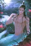  1boy armlet bishounen black_eyes black_hair blue_scales closed_mouth completely_nude fins flower full_body hair_bun hand_up head_fins highres jewelry light_smile lily_pad linhii_hihi long_hair looking_at_viewer lotus male_focus nipples nude outdoors plant pond ren_zhafan_paijizu_xitong scales shen_qingqiu sitting solo toned toned_male very_long_hair water wet 