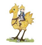  1boy absurdres arie_game bird blonde_hair blue_eyes boots brown_footwear chocobo closed_mouth crossover final_fantasy full_body genshin_impact grey_shorts highres holding holding_reins hood hood_down looking_at_viewer male_focus mika_(genshin_impact) reins riding shorts signature simple_background sitting white_background 